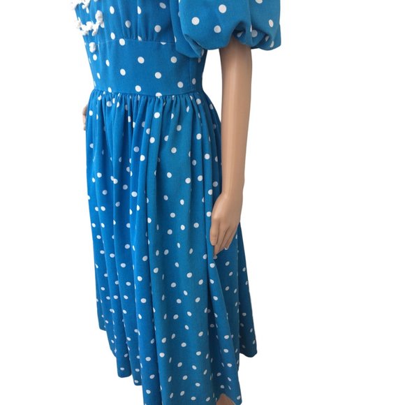Blue Polka Dot Dress 80s Retro Open Back Cotton S - Picture 6 of 8